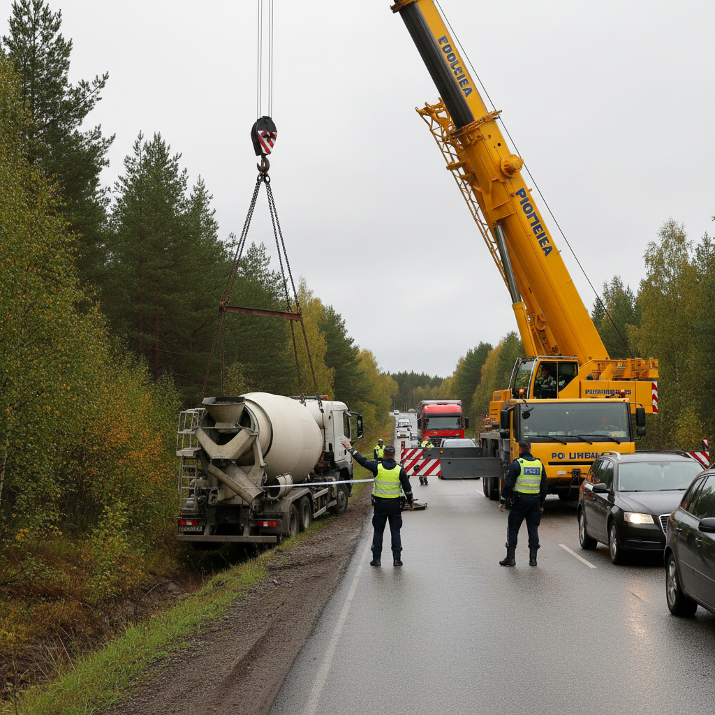 Betoniauton nostotyöt haittaavat liikennettä Kirkkonummella