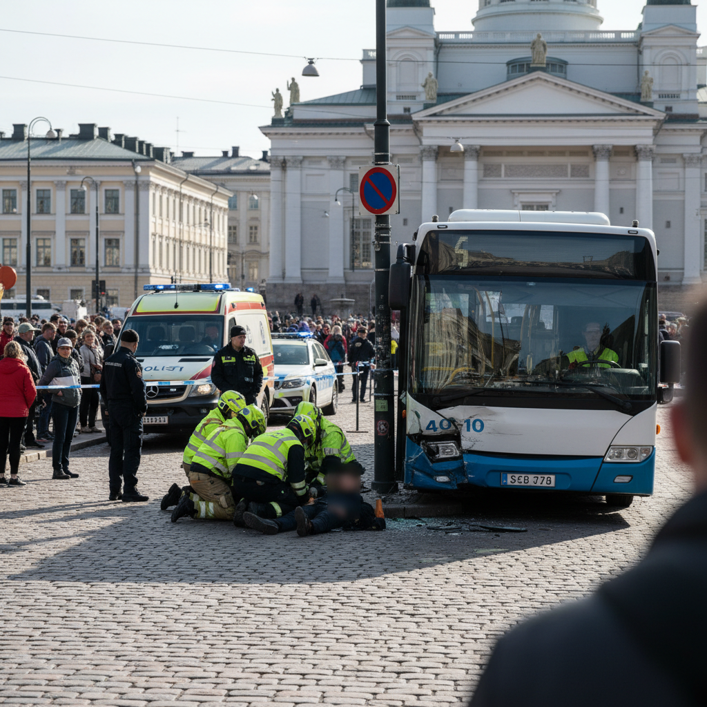 Tyhjillään valunut bussi törmäsi jalankulkijaan Helsingissä