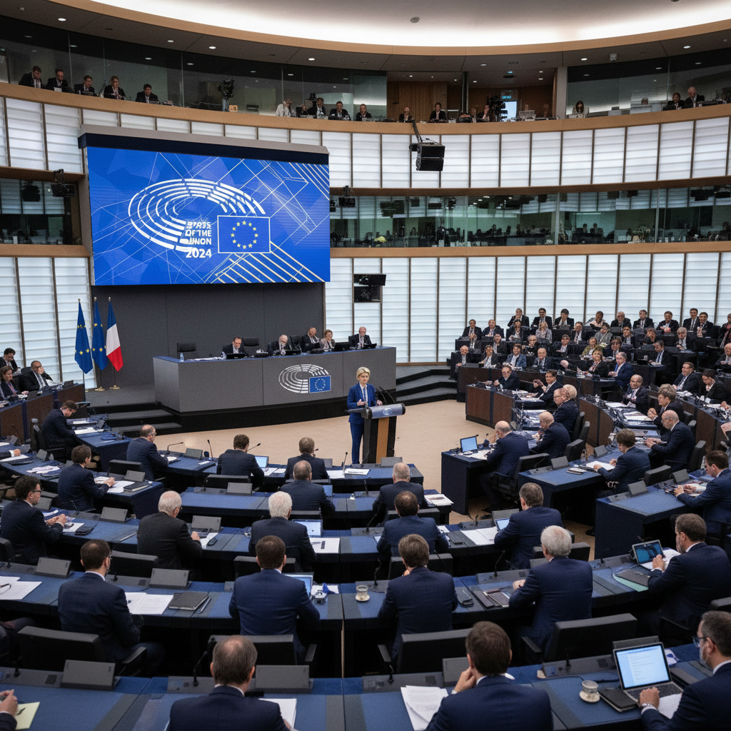 Von der Leyen linjasi Euroopan unionin tilaa Strasbourgissa